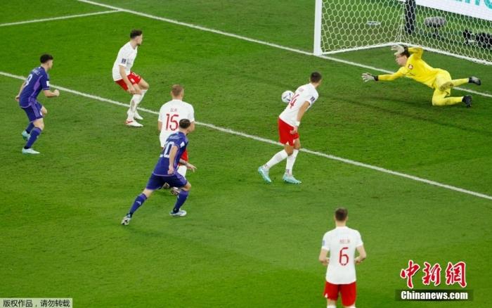 北京时间12月1日，卡塔尔世界杯小组赛C组第3轮，波兰队对阵阿根廷队。上半场，第38分钟，波兰队门将什琴斯尼禁区内打到梅西脸部，经var确认裁判判罚点球。梅西主罚点球被什琴斯尼神勇扑出。下半场，凭借麦卡利斯特和阿尔瓦雷斯的进球，阿根廷队2：0击败波兰队，两胜一负积6分，以小组第一出线，波兰队也以小组第二晋级。图为阿根廷队球员(中紫)射门瞬间。